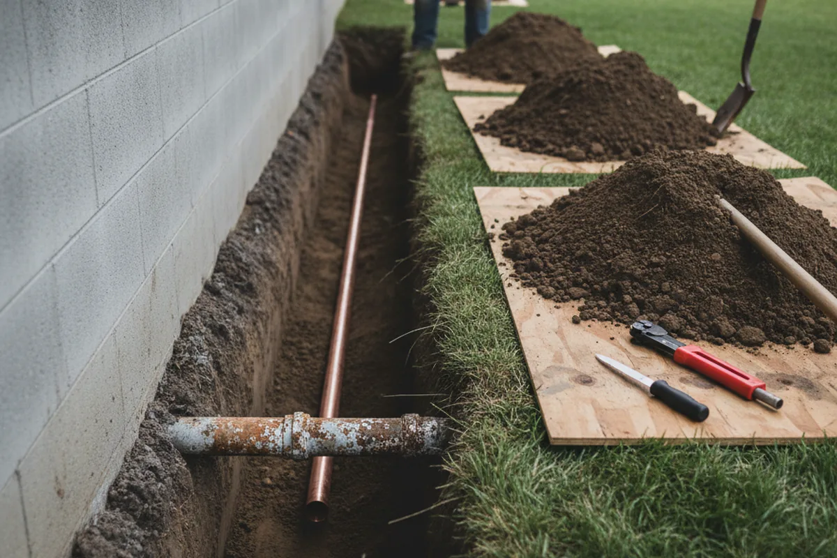 Excavated water line trench during Water Softener Installation in Mission